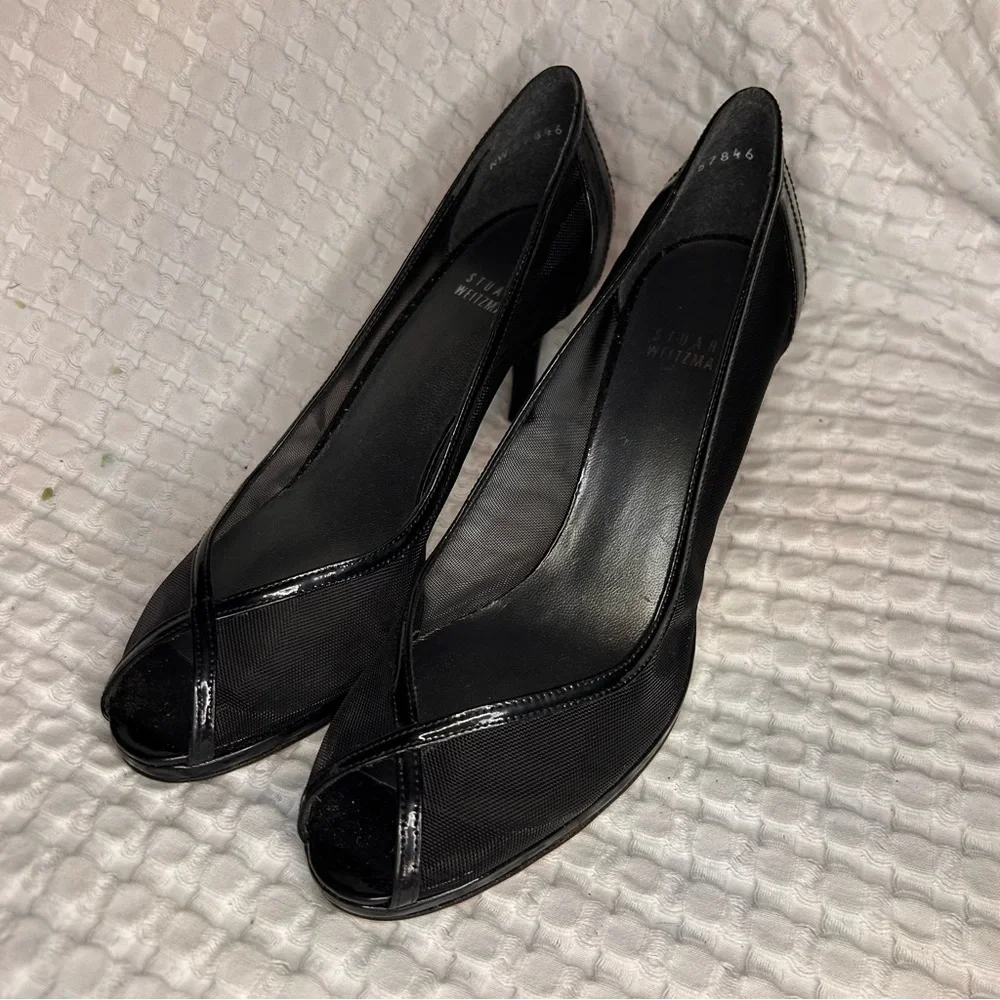 Stuart Weitzman Black Mesh & Patent Leather‎ Peep Toe Heels | Size 8.5